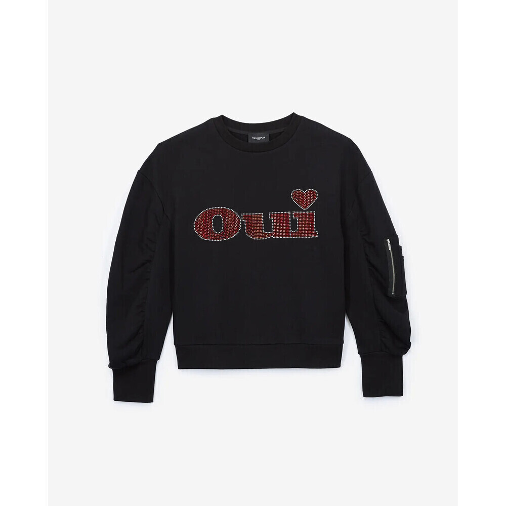 The Kooples Women's OUI Strass Puff Sleeve Fleece Sweater In Black Size 1